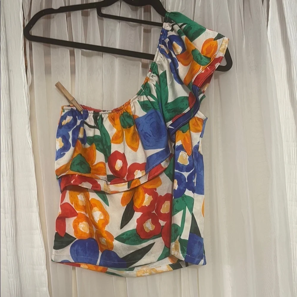 Colorful and Summer TCEC Blue and Orange Asymmetrical Ruffled Blouse - Picture 4 of 9